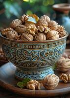 AI generated Walnuts in bowl on wooden table photo