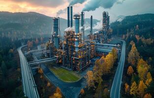 AI generated Oil refinery in the forest. A large factory located in the nature landscape photo
