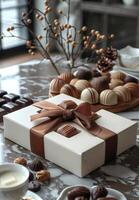 AI generated White box with bow on table with chocolates and nuts photo