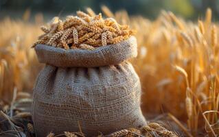 AI generated Wheat grain in bag. An empty sack with wheat in it photo