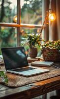 AI generated Laptop and notebook on wooden table in cozy home office with window and plants in the background photo