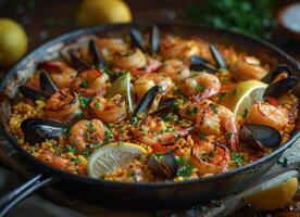 ai generado tradicional Mariscos paella en el freír pan en de madera antiguo mesa foto