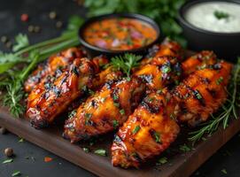 AI generated Grilled chicken wings in barbecue sauce with parsley and dip on wooden board dark background photo