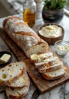 AI generated Homemade bread and butter on wooden board photo