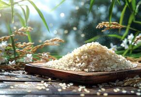 AI generated Jasmine rice and Jasmine flowers on wooden table with the rice plant background photo