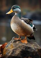 AI generated Wild duck standing on rock in the water photo