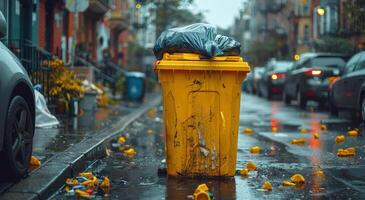 ai generado amarillo basura lata y basura pantalones en el calle después lluvia foto