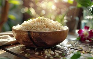 AI generated Brown rice in bowl on wooden table photo