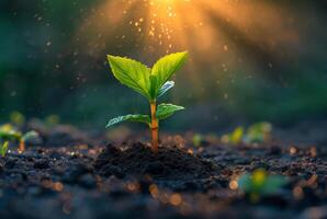 ai generado joven planta creciente en el Mañana ligero y verde naturaleza antecedentes foto