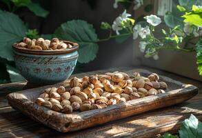 AI generated Wooden tray and ceramic bowl with hazelnuts on wooden table in the sun photo