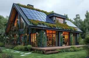 ai generado casa con jardín y solar paneles en el techo foto