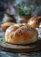 AI generated Homemade round bread with sesame seeds on wooden board photo