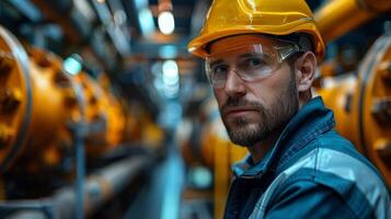 ai generado retrato de hermoso ingeniero en protector lentes y casco foto