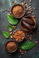 AI generated Cocoa powder cocoa beans and cocoa beans in bowls on dark background photo