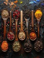 AI generated Spices in wooden spoons on black background photo
