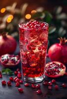 AI generated Pomegranate juice in glass and pomegranate on dark background photo