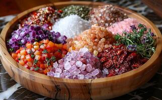 AI generated Wooden bowl filled with variety of colorful salts photo
