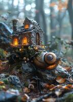 AI generated Snail and house in the forest photo