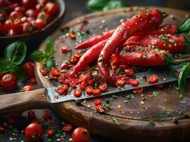 ai generado recién Cortado rojo chile pimientos y albahaca en de madera el cortar tablero foto