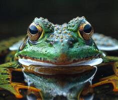 ai generado verde rana es reflejado en el agua foto