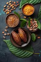 AI generated Cocoa beans cocoa powder cocoa pods and cocoa leaves on dark background photo