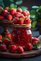 AI generated Jar of redcurrant jelly with fresh berries on wooden table photo