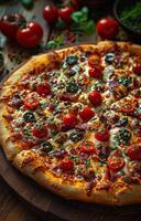AI generated Tasty fresh oven pizza with tomatoes cheese and mushrooms on wooden table photo