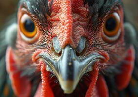 AI generated Close-up of chicken's face. A rooster with red comb and yellow beak photo