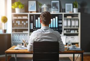 AI generated young businessman sitting at his desk in the office and analyzing graphs on computer screen photo