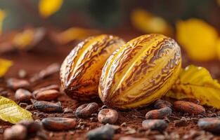 AI generated Cocoa pods and cocoa beans on brown background photo