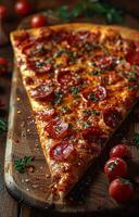 ai generado rebanada de delicioso caseoso pepperoni Pizza en corte tablero servido en rústico de madera mesa foto