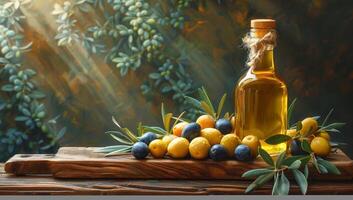 AI generated Olive oil and berries are on the wooden table under olive tree photo