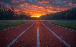 ai generado pista y campo a puesta de sol. un puesta de sol en un pista a fútbol americano estadio foto