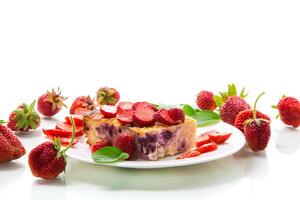 cooked cottage cheese casserole with berry and strawberry filling in a plate photo