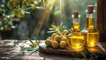 AI generated Olive oil and olive branch on the wooden table against the background of nature photo