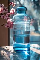 AI generated Large bottle of water stands on table in the sun photo