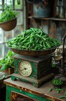 AI generated Green beans on vintage scale photo