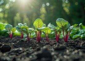 AI generated Young beetroot plants growing in the vegetable garden photo