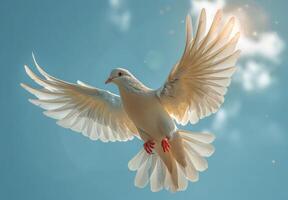 AI generated Dove in the air with wings wide open in-front of the sun photo