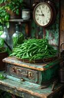 AI generated Green beans on old scale. A scale on the counter with lots of green beans photo