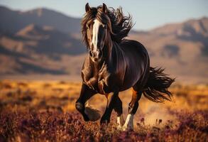 ai generado hermosa fuerte caballo corriendo en el campo con montañas en el antecedentes foto