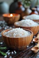 AI generated Sea salt in wooden bowl on table photo