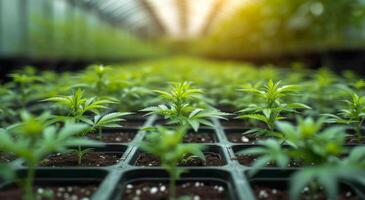 ai generado joven canabis plantas en invernadero foto