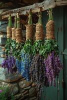 AI generated Bunches of lavender and sage hanging on wooden beam photo