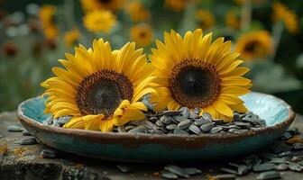 AI generated Sunflowers in bowl. A plate of sunflower seeds and sunflowers are seen photo