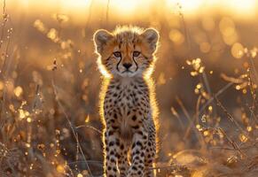 AI generated Cheetah cub standing in the grass and looking at camera photo