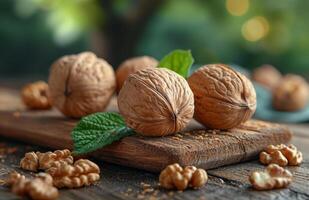 AI generated Walnuts on wooden table. Beautiful ripe nuts photo