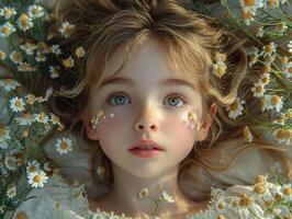 AI generated a little girl lying in bed with flowers under her eyes looking up at the stars photo