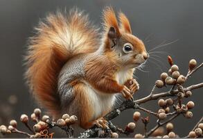 AI generated a red squirrel is sitting on top of branch photo
