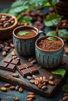 AI generated Hot chocolate with mint cocoa powder and assorted chocolates on wooden background photo